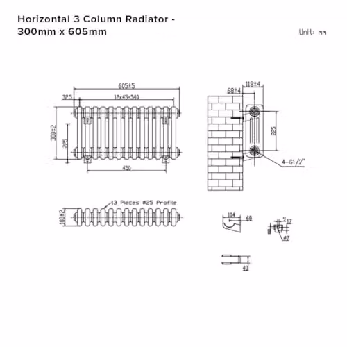 Lux Heat Black Horizontal 3 Column Traditional Steel Radiator, H 30.0 cm x W 60.5 cm x D 11.8 cm – 3