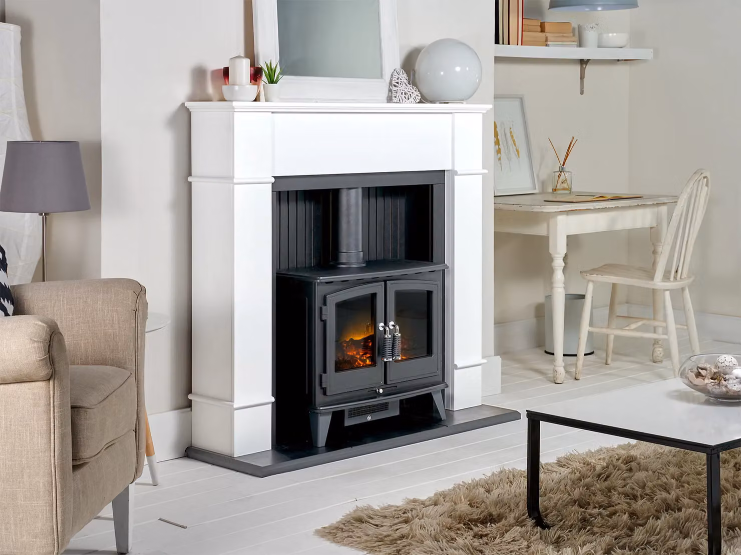 Adam Fires & Fireplaces Oxford Stove Fireplace in Pure White with Woodhouse 48 Inch Black Electric Stove – 2