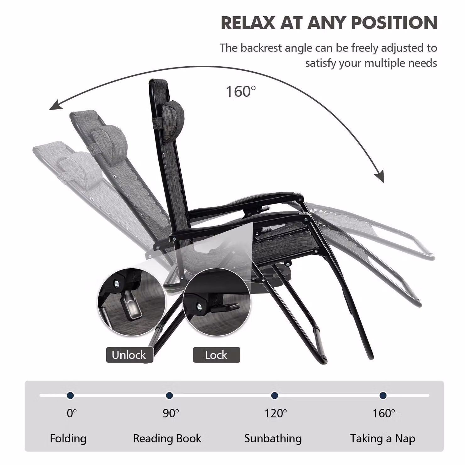 Costway Set of 2 Grey Zero Gravity Folding Recliner Chairs with Removable Headrests for Garden and Terrace – 4