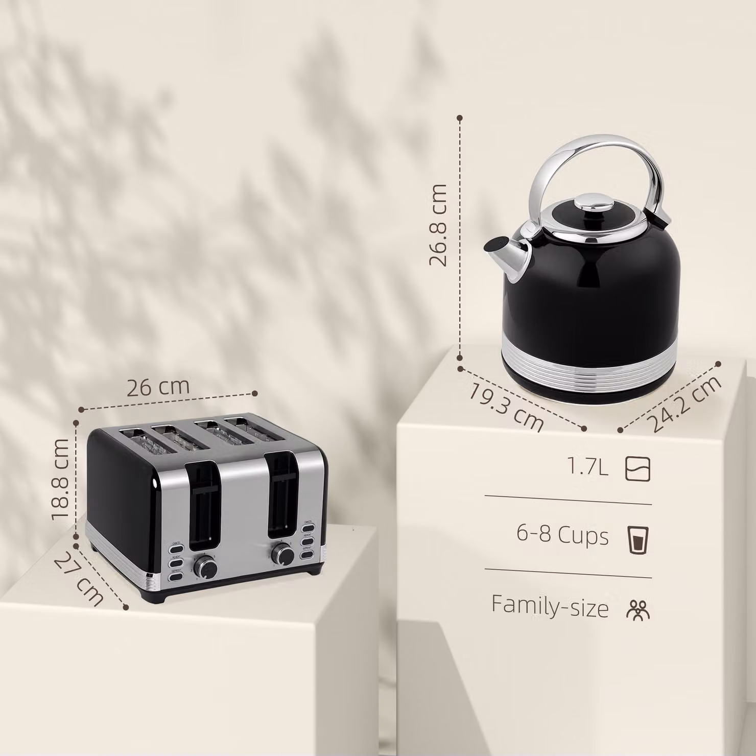 HOMCOM Black Polished Metal Kettle and Toaster Set with Auto Shut-off – 3