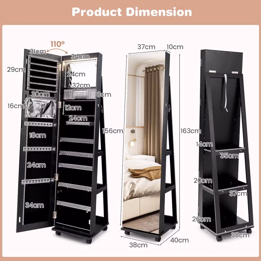 Costway 3-in-1 Black Jewelry Armoire with 360 Degree Swivel Mirror, LED Lighting and Lock – 2