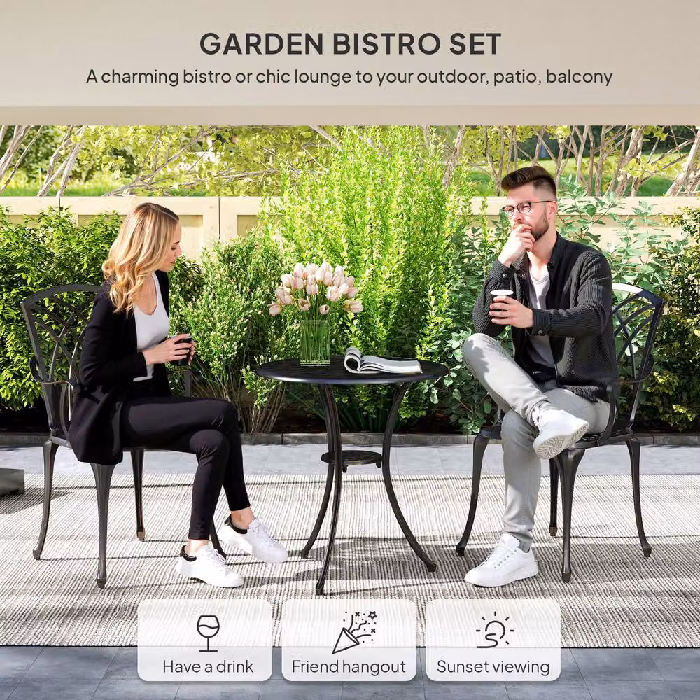 Outsunny 3 Piece Metal Garden Bistro Set with Umbrella Hole in Bronze and Black – 3