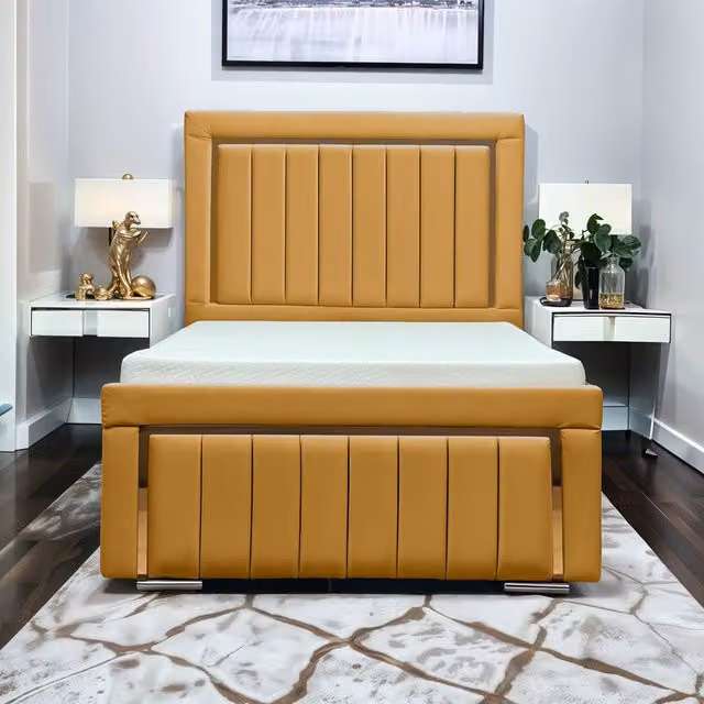 UK Bed Furniture Princess Upholstered Slatted Base Bed with 48 Inch Panel Headboard in Yellow, W/D/H: 120 x 200 cm