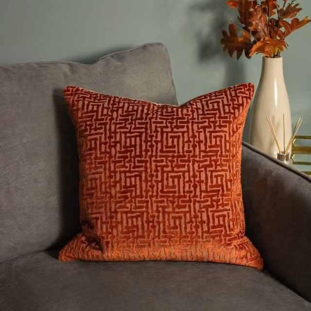 Paoletti Delphi Square Velvet and Linen Cushion in Orange/Rust, W/D/H: 45 x 45 x 45 cm