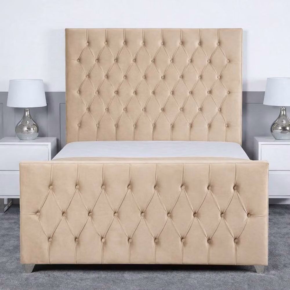Living Comfort Bedz Vertex Plush Velvet Upholstered Bed with Slatted Base and 48 Inch Headboard, Beige, W/D/H: 140 x 200 cm, Double
