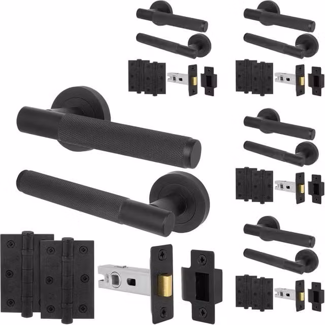 AFIT Matt Black Knurled Door Handles and Rose Latch Kit with Hinges, 5 Pairs