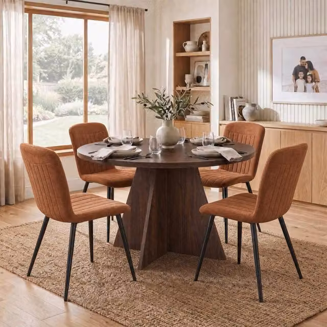 FWStyle Erin Round Walnut Dining Table and 4 Chestnut Clamshell Dining Chairs Set, Diameter: 120 cm, Brown and Black