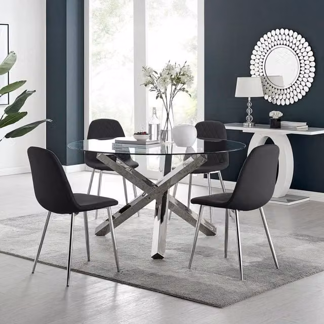 FurnitureboxUK Vogue Round Glass Dining Table and 4 Corona Silver Dining Chairs Set in Black