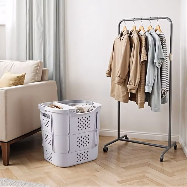Livingandhome Collapsible Portable Laundry Basket with Lingerie Organiser, Grey, W: 28.5 cm to 38.5 cm