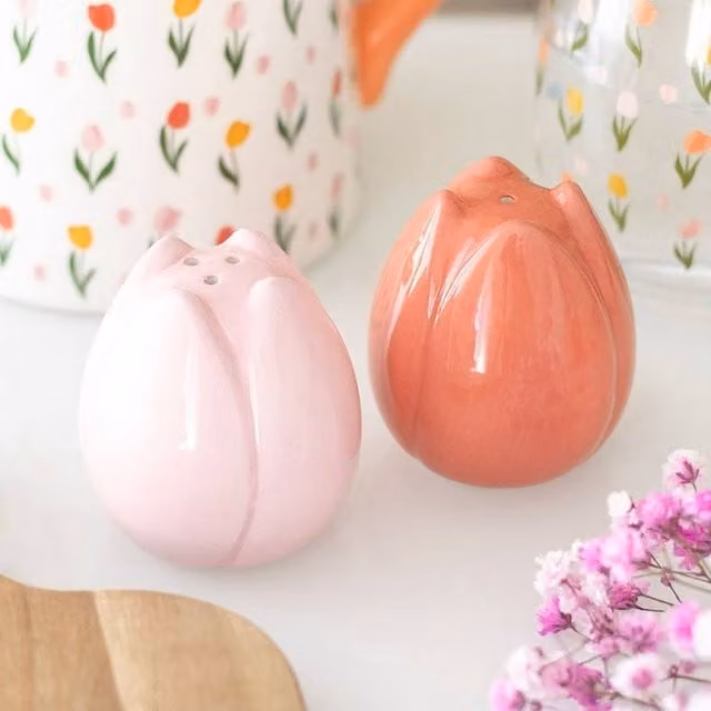 Uniqueful Tulip Shaped Ceramic Salt and Pepper Shakers Set in Pink Multicolour Floral Design