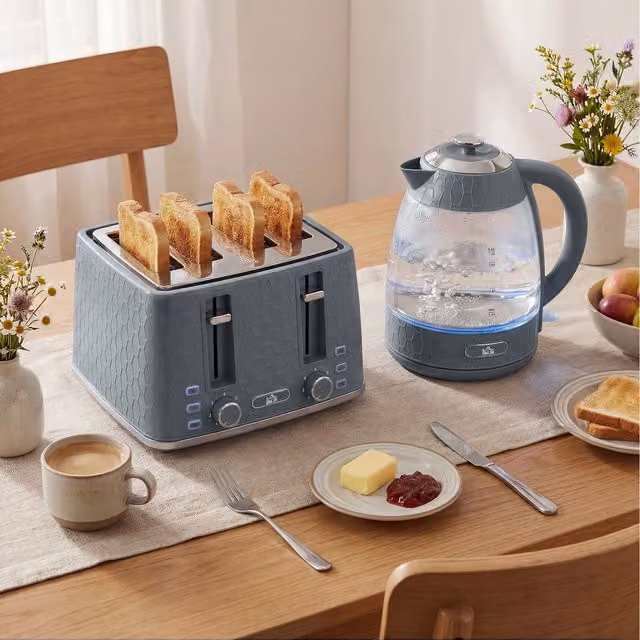 HOMCOM Grey Kettle and Toaster Set with Strix Thermostat and Glass Elements
