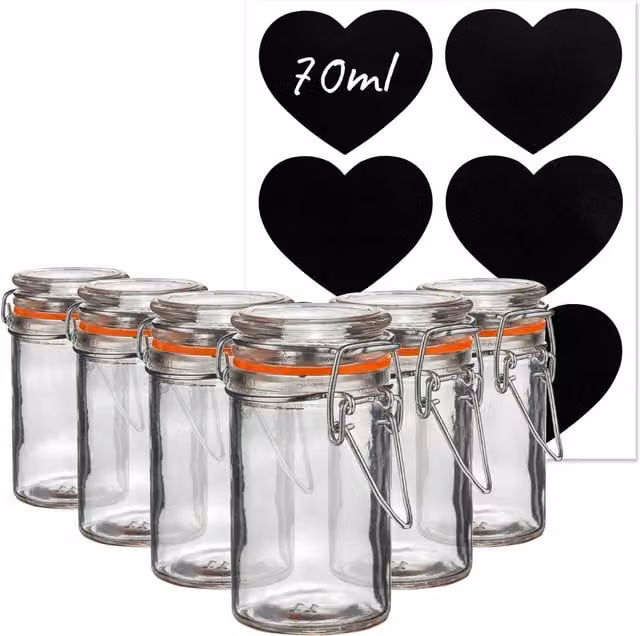 Argon Tableware 70ml Glass Storage Jars with Heart Labels, Pack of 6, Transparent Yellow