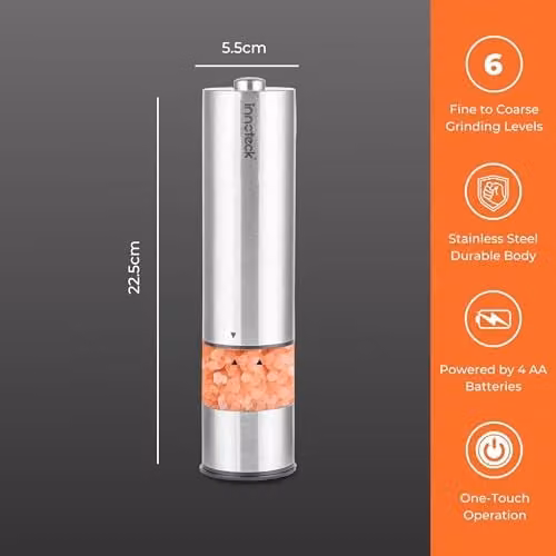 Innoteck Electric Salt and Pepper Mill Set in Silver, Stainless Steel and Ceramic with Adjustable Coarseness and Integrated Light – 3