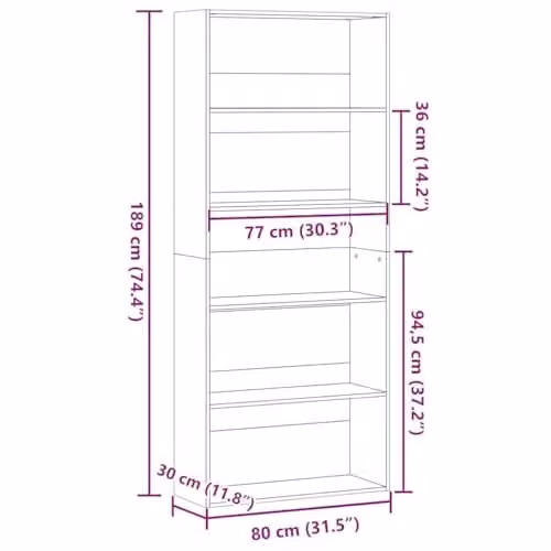vidaXL Book Cabinet in Grey Sonoma, W/D/H: 80 x 30 x 189 cm, Engineered Wood – 3