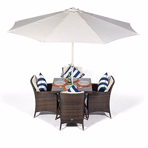 Giardino Savannah 4 Seater Rattan Garden Dining Set with Parasol and Cover in Brown, W/D/H: 90 x 90 x 74 cm