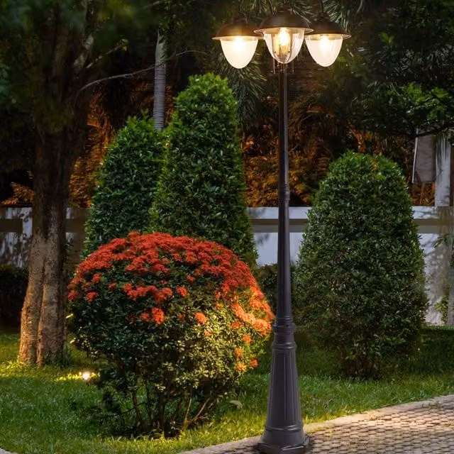 Wyld and Coco 3-Light Modern Black Aluminium Outdoor Garden Lamp Post with Synthetic Shades