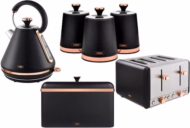 Tower Cavaletto Kitchen Bundle: Kettle, Toaster, Bread Bin and 3 Canister Set in Black and Gold