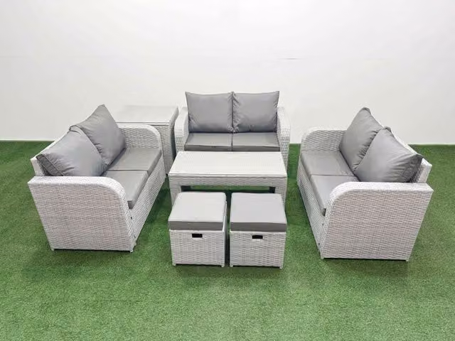 Fimous 8 Seater PE Wicker Rattan Garden Furniture Set in Light Grey with Oblong Coffee Table, 2 Seater Sofa and 2 Ottomans