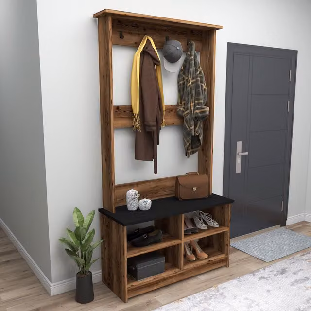 Destina Home Amelia Hall Tree Coat Rack with Bench and Shelves in Brown and Black, H 173.6 x W 90.0 x D 35.0 cm – 2