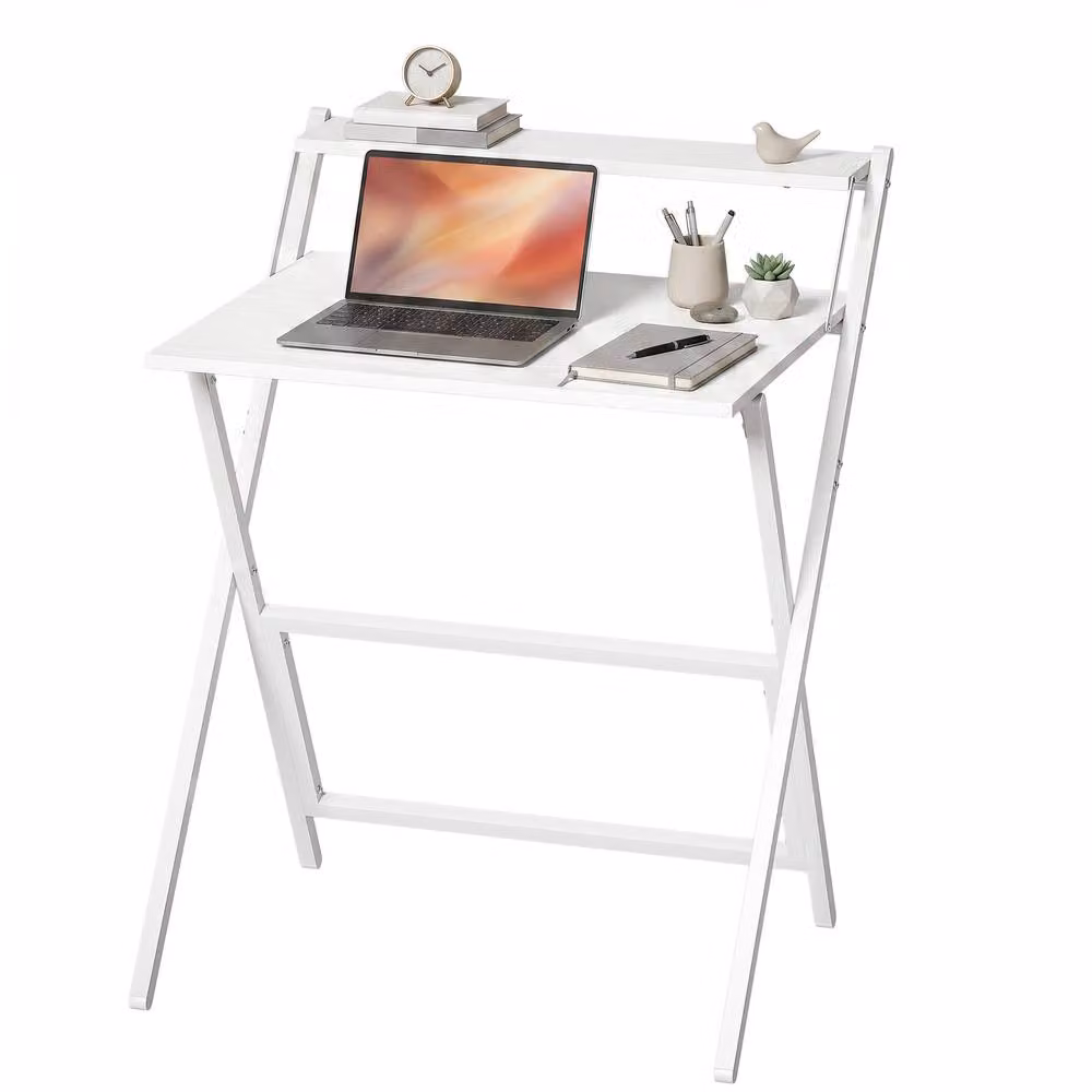STILVORA White Folding Desk with Shelf and X-Frame Metal Legs – 2