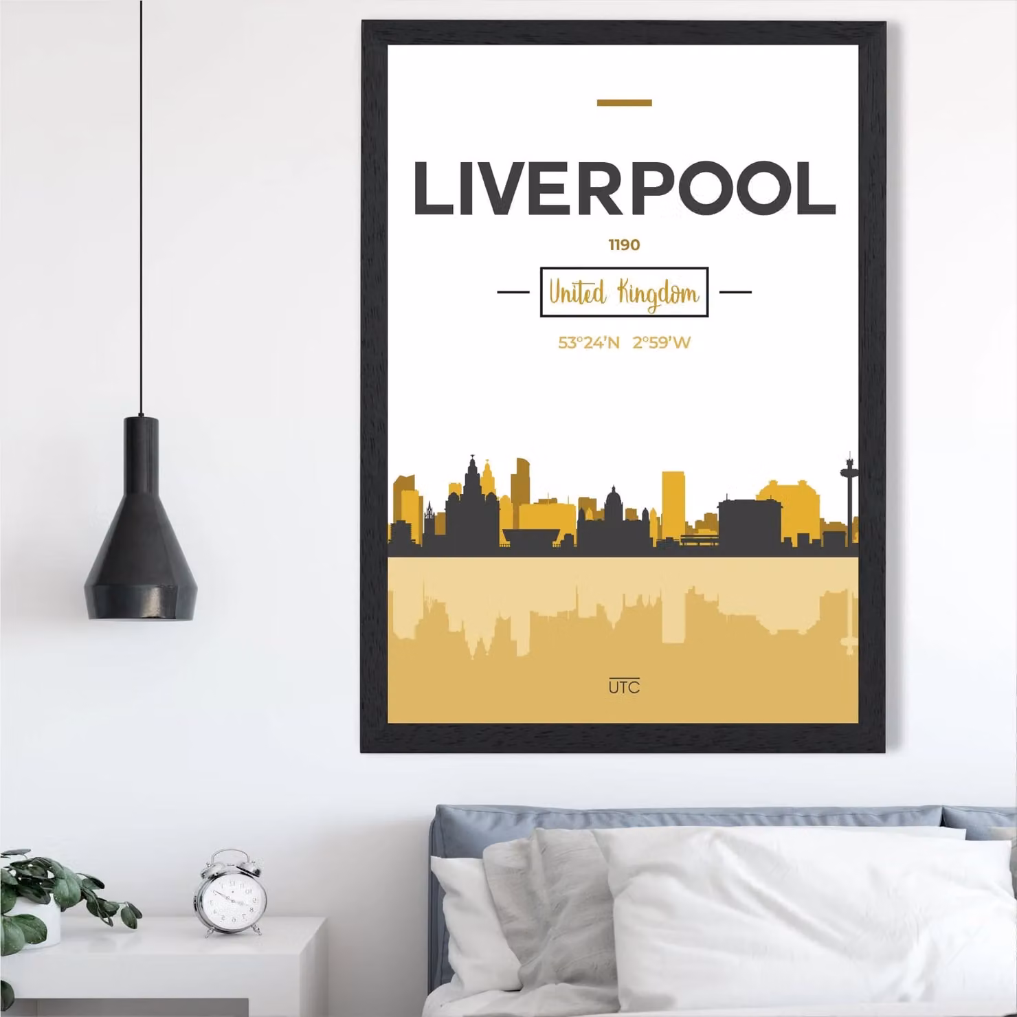 ARTZE Liverpool City Skyline Framed Print in Yellow and Black, A4 – 2