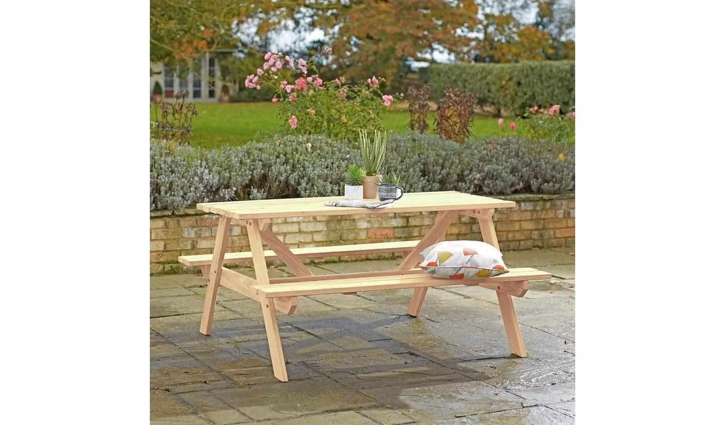 Cheap Furniture Warehouse 4 Seater Classic Wooden Garden Bench in White or Sand with Cushions Included, W/D/H: 148.0 x 71.4 x 130.5 cm