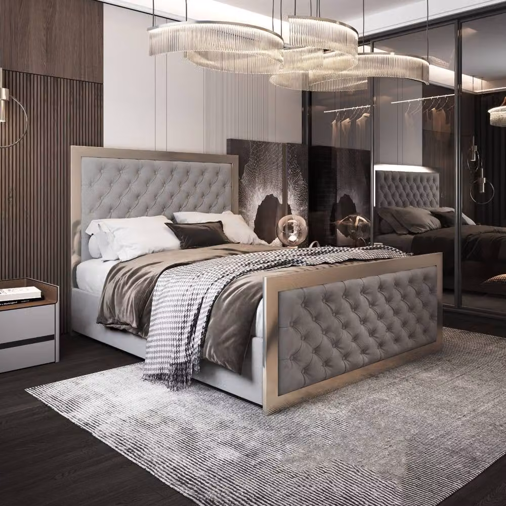 Casani Launceston Upholstered Velvet Designer Bed Frame in Grey and Black, W/D/H: 140 x 200 cm – 2