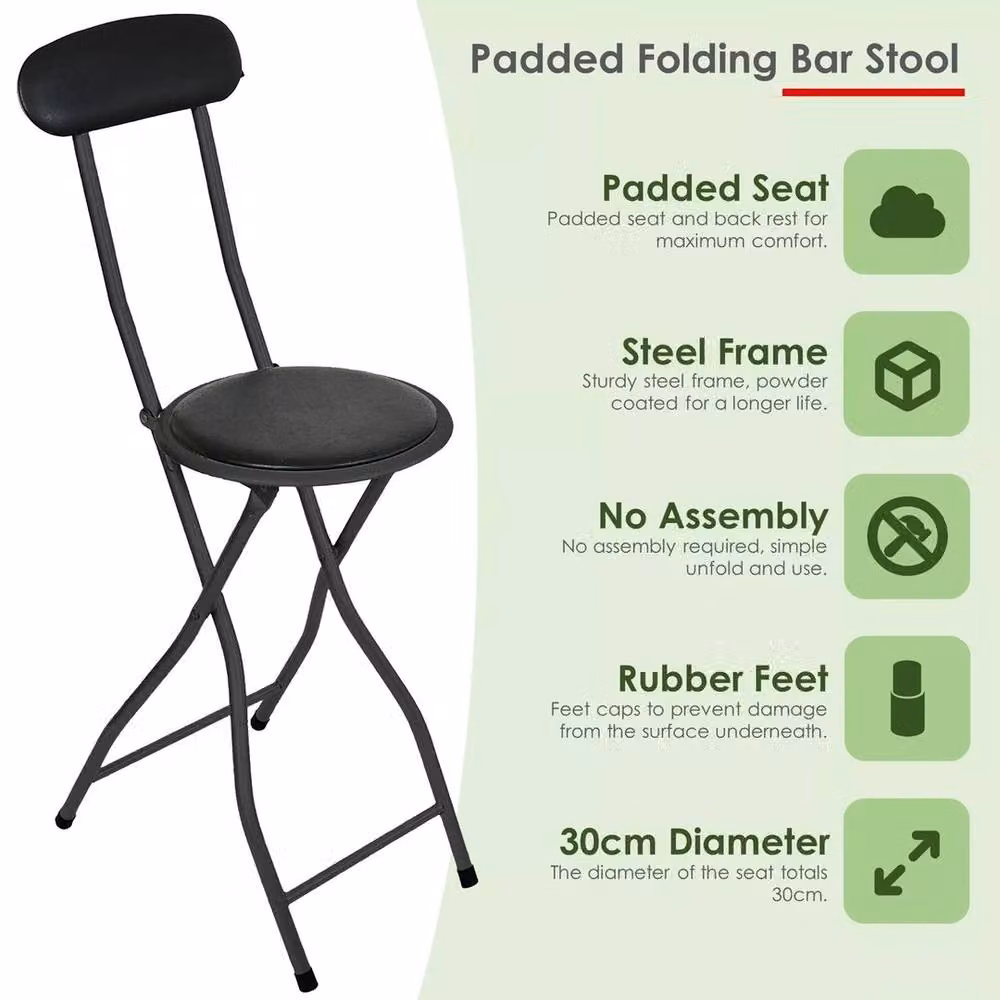 SPETLEK Black Padded Folding Bar Stool with Synthetic Leather Seat and Metal Frame – 3