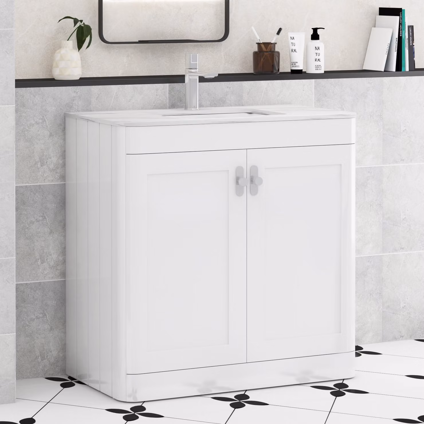 Royal Bathrooms Henley 800mm Gloss White Floor Standing 2 Door Bathroom Vanity Unit with Carrara White Stone Top and Chrome Knob