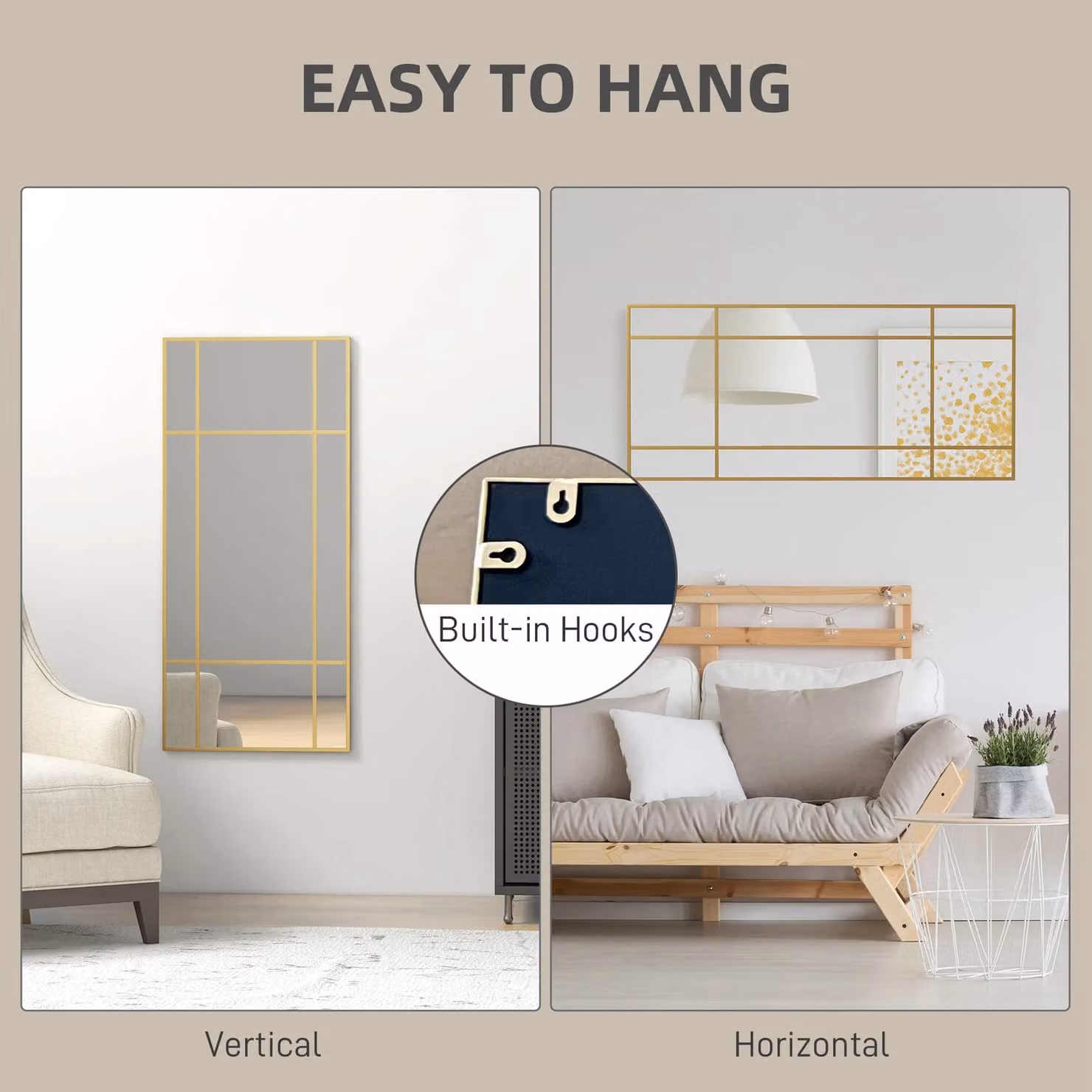 HOMCOM Gold Metal Frame Rectangular Wall Mirror for Living Room, W: 110 cm, H: 50 cm – 3