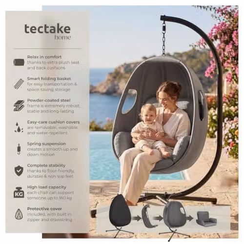 tectake Hanging Egg Chair with Steel Stand and Thick Cushions in Anthracite Grey – 4