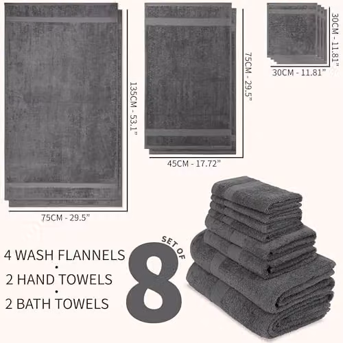 CityComfort 8-Piece Cotton Towel Set in Grey, 550GSM Highly Absorbent and Quick Drying – 6