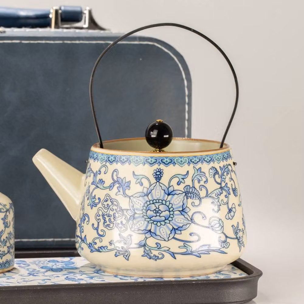 Serenityy Ceramic Floral Travel Teapot Set with Two Cups in Ru Blue – 5