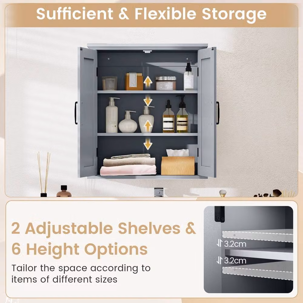 VOGREX Grey Farmhouse Wall Mounted Bathroom Cabinet with 2 Hinged Doors and Internal Shelves – 4