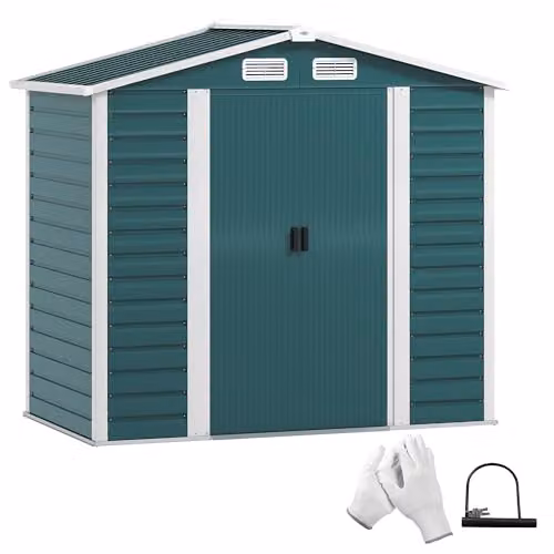 Outsunny Green Metal Garden Shed with Galvanised Steel Frame, Double Doors and Foundation Kit – 1