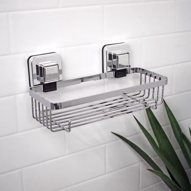 Showerdrape Pushloc Chrome Steel Suction Wall Mounted Rectangular Basket and Mounting Square in Silver – 1