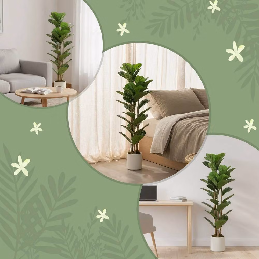 NESTLUNE Set of 2 Artificial Fiddle Leaf Fig Trees with Solid Wood Trunks, Green, H 120 cm x W 15 cm x D 15 cm – 4