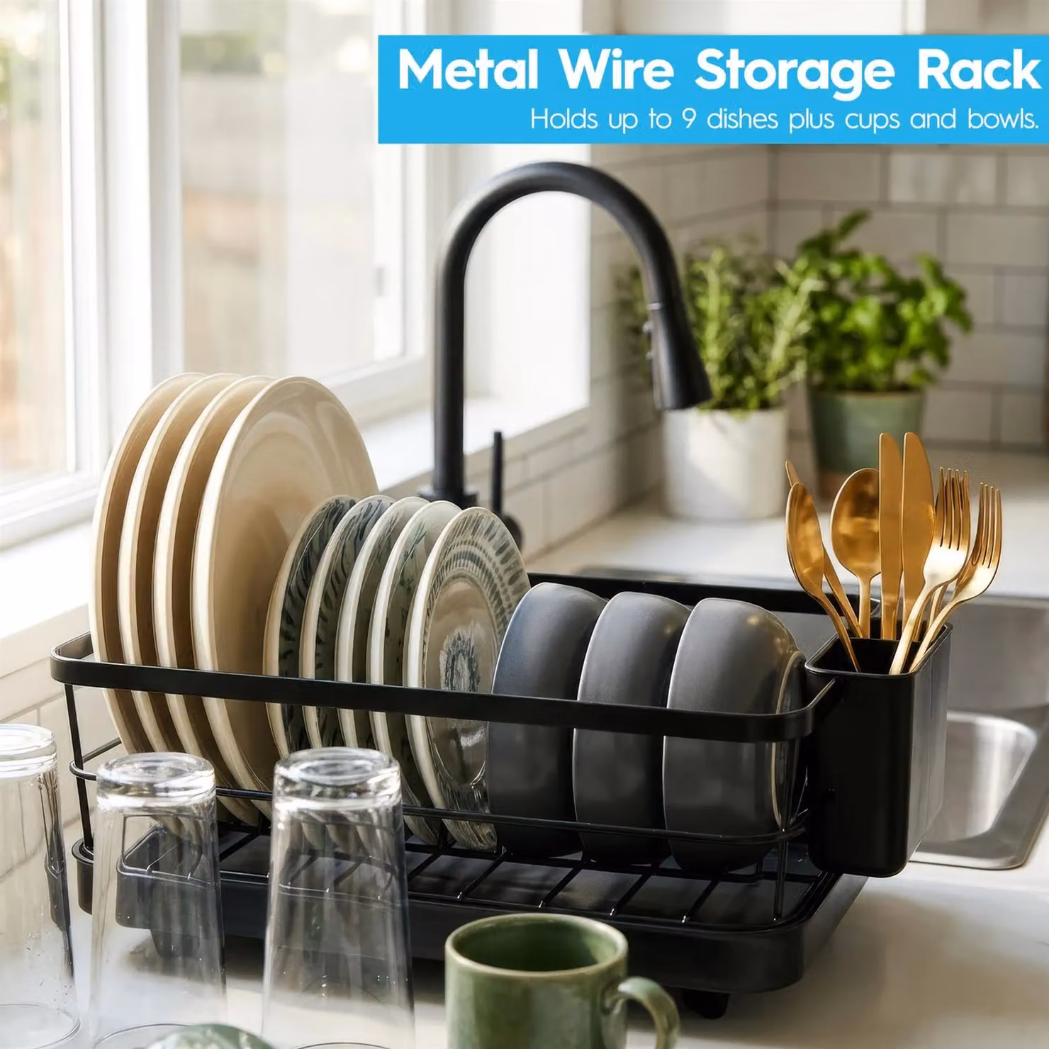 Harbour Housewares Compact Metal Dish Drainer Rack with Drip Tray and Cutlery Holder in Black, W/D/H: 40.0 x 12.0 x 12.0 cm – 9