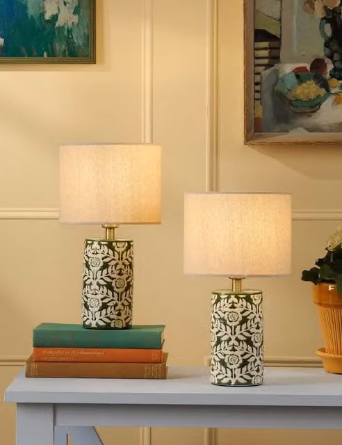 Joules Highclere Table Lamp in Green and Gold/Brass with White Fabric Shade