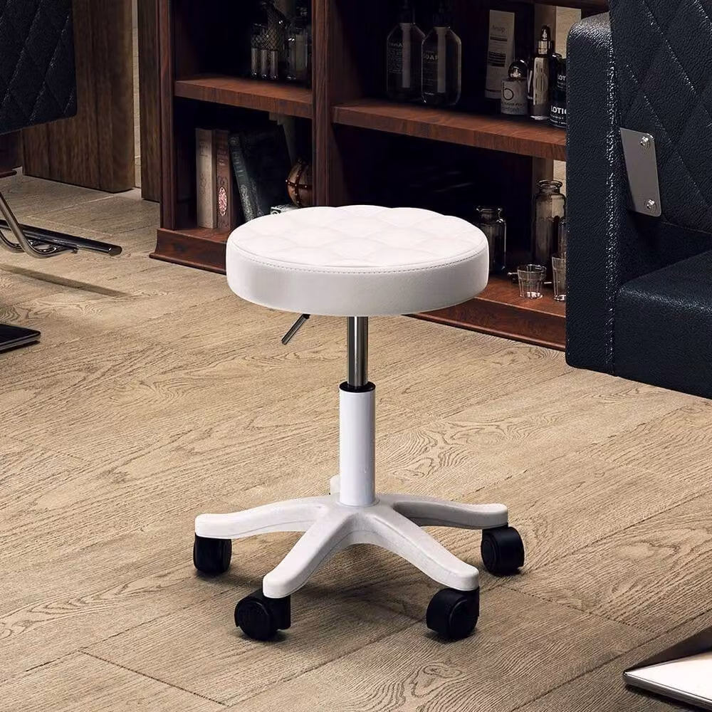 KORVIXA Adjustable Swivel Salon Stool in White with Synthetic Leather and Castors – 3