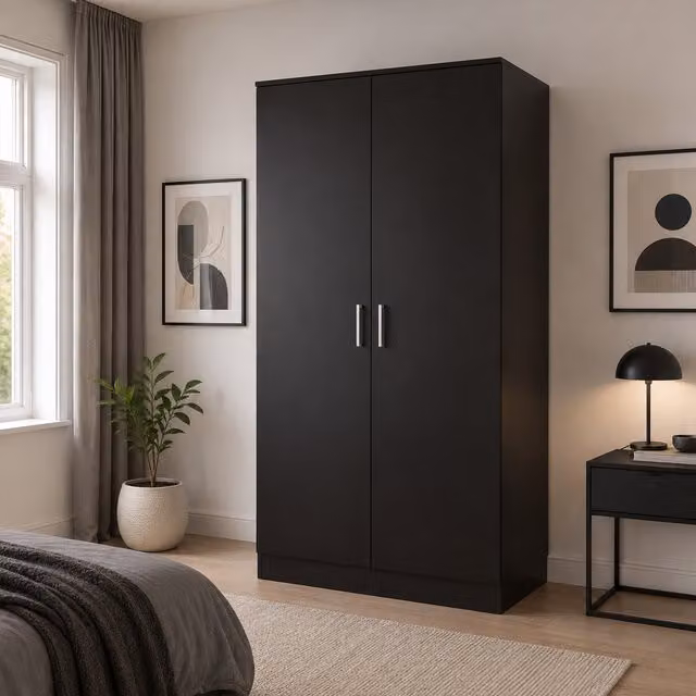 VENICE Modern 2 Door Black Wardrobe with Internal Shelves and Hanging Rod, Width: 80 cm