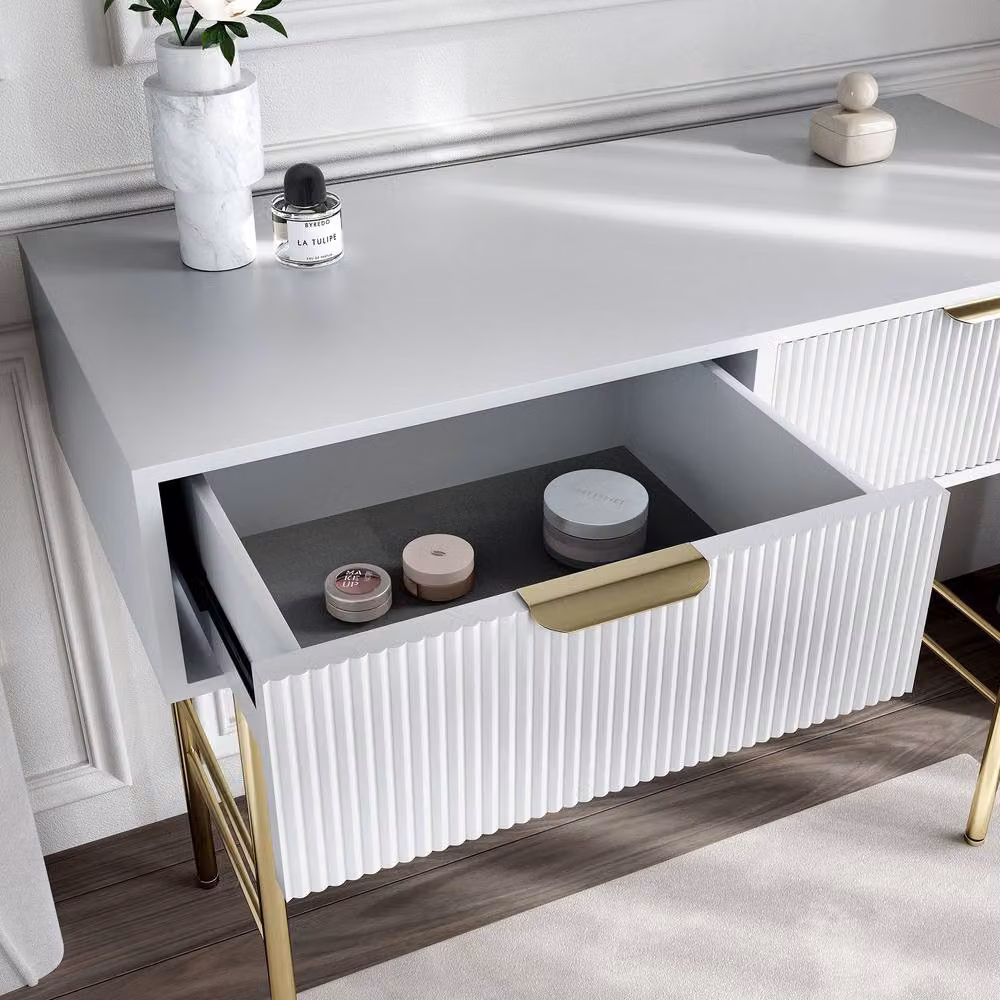 CARME HOME Esme White Dressing Table with Maisie LED Wall Mounted Mirror – 3