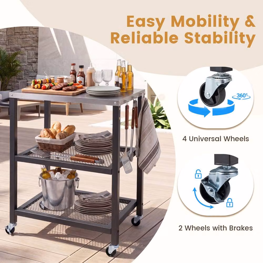 Costway 3-Tier Rolling Metal Kitchen and Garden Utility Cart with 6 Hanging Posts in Black – 8