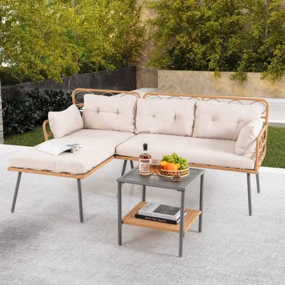 Costway 3 Piece L-Shaped Polyrattan Patio Furniture Set in Brown with Beige Upholstered Cushions – 2