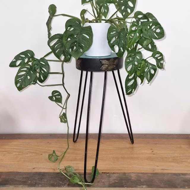 KDMK Albasia Wood Plant Stand in Turquoise and Gold for Indoor or Garden Decor