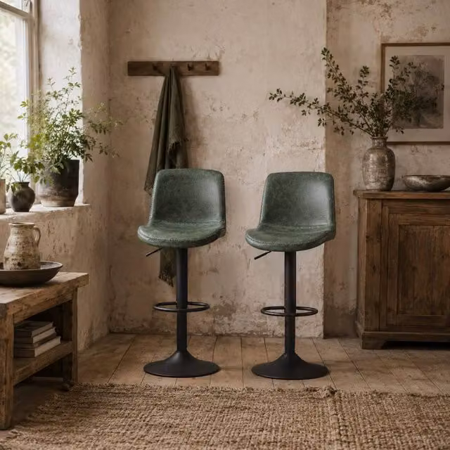 Wyld Haus Set of 2 Green Faux Leather Swivel Bar Stools with Metal Footrest