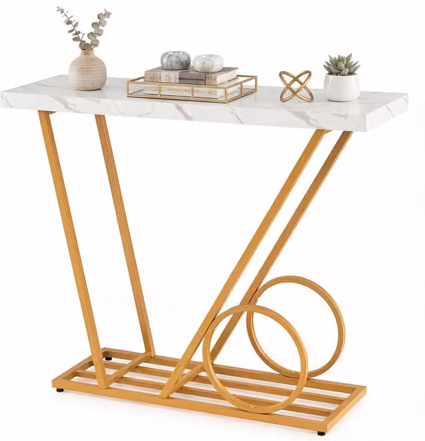Costway Modern Geometric Console Table with Marble Top and Metal Frame in White