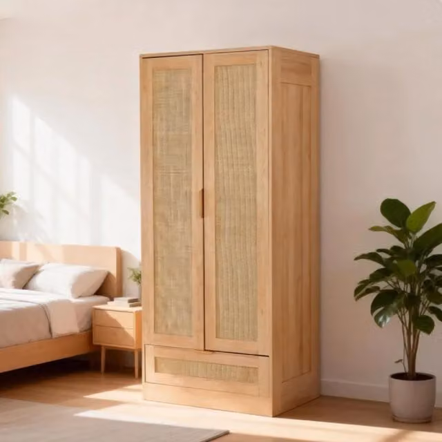 Furniture One Scandinavian Fluted Wardrobe Closet in Beige with Hanging Rack, Height: 185 cm