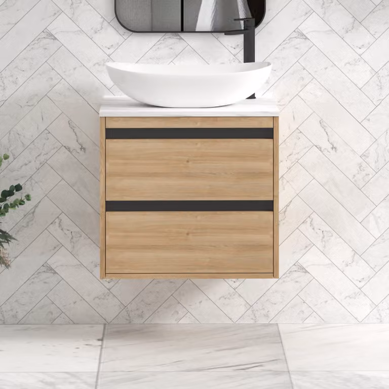 Royal Bathrooms Orion 800mm Natural Oak Wall Hung 2 Drawer Vanity Unit with Cesar Basin and Black Accent Trim