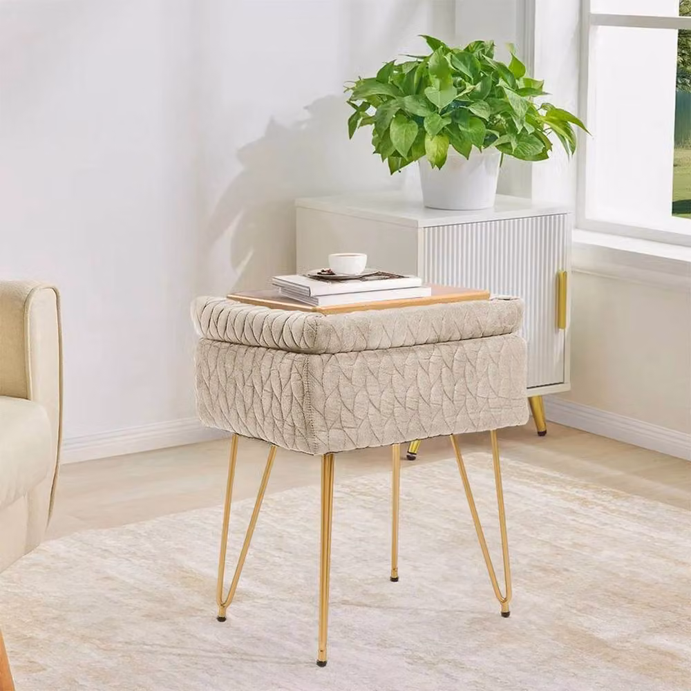 KORVIXA Beige Velvet Storage Ottoman Stool with Gold Metal Hairpin Legs, W/D/H: 100 x 100 x 100 cm – 2